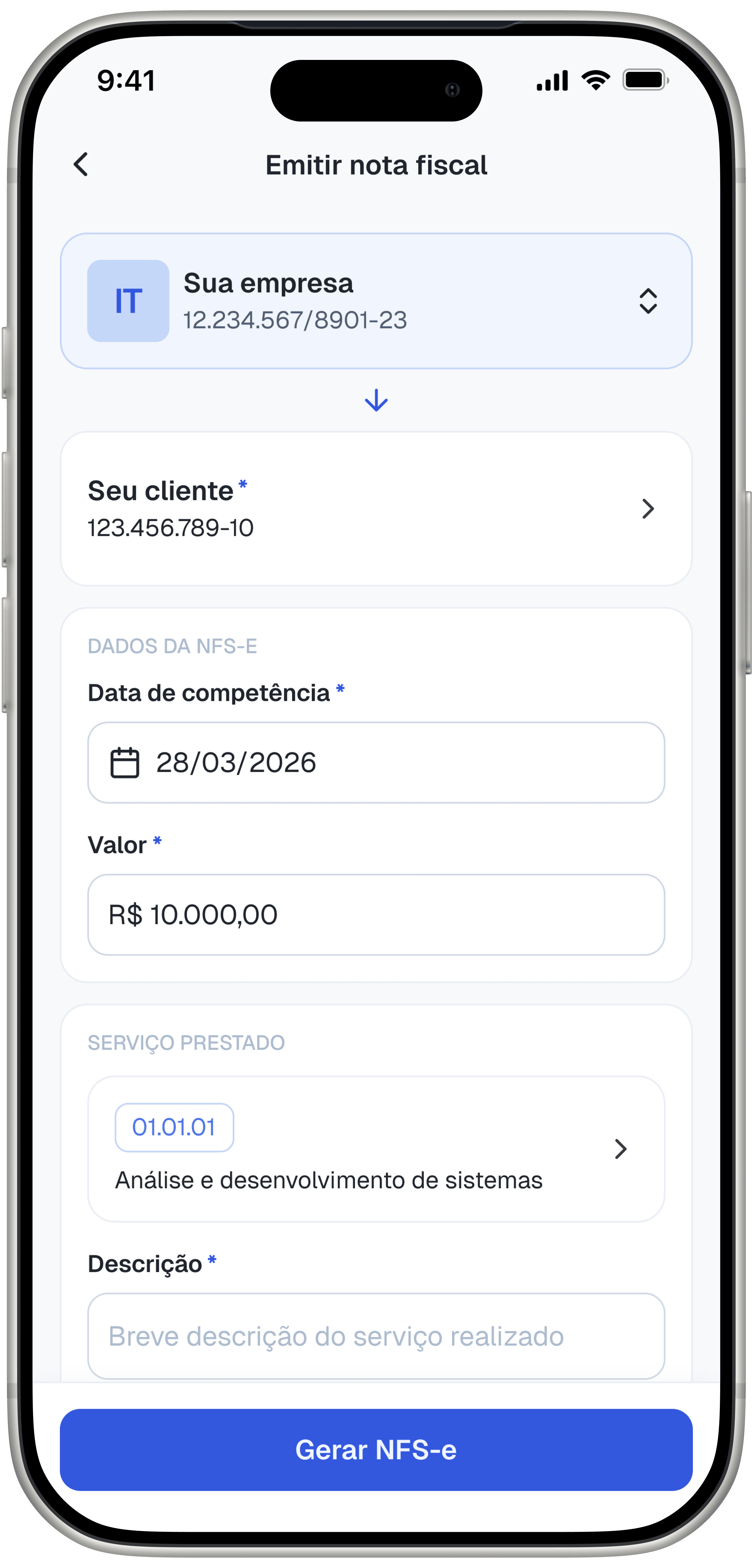 Tela de emissão de NFS-e